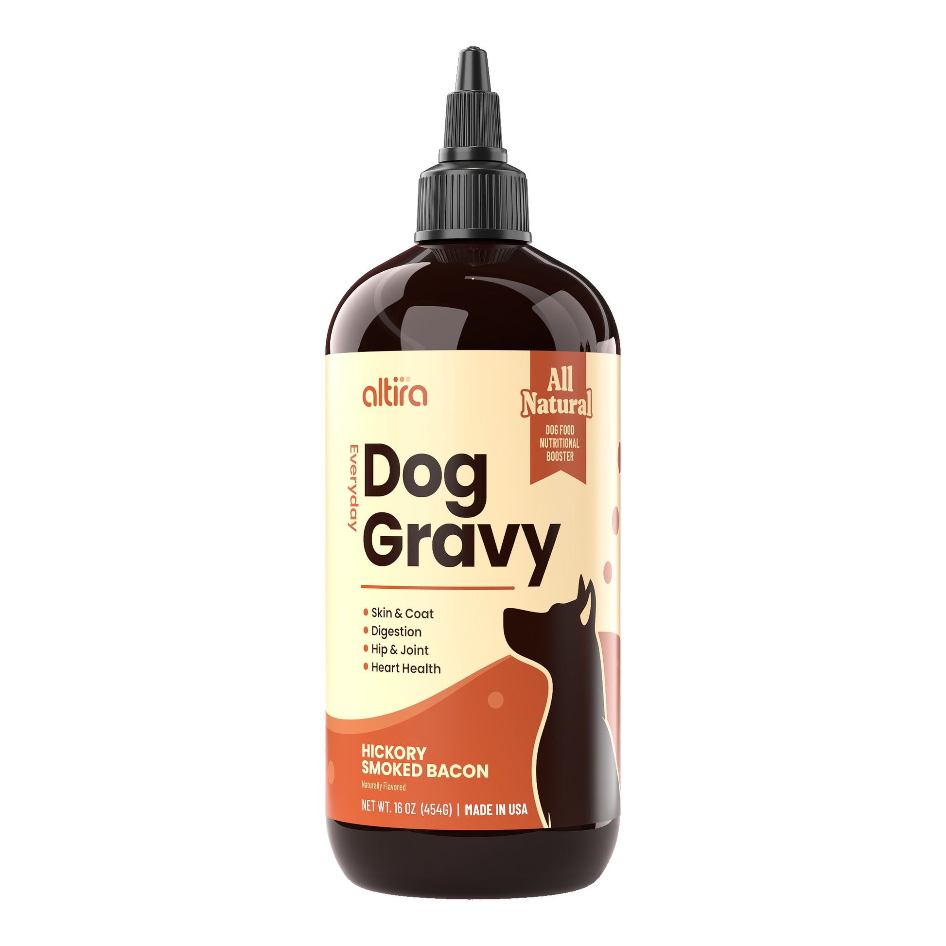 Bottle of altira Dog Gravy with a label on a white background